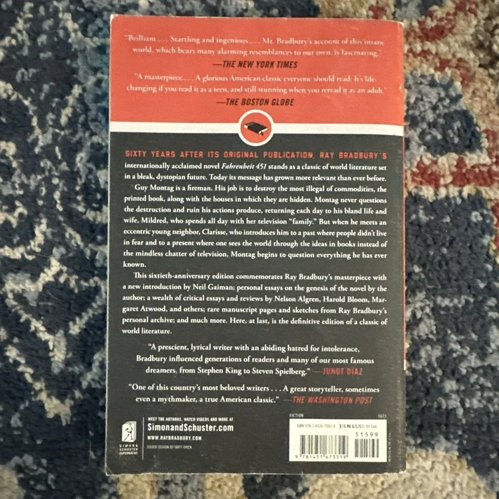 Ray Bradbury Fahrenheit 451 Book 60th Anniversary Edition Paperback Red One Size
